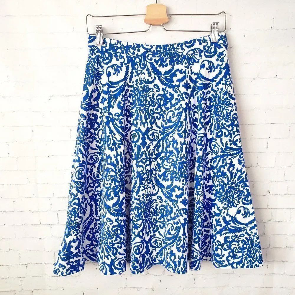 Adrienne Vittadini Damask Scroll Paisley A-Line Skirt Size S Blue White Ponte